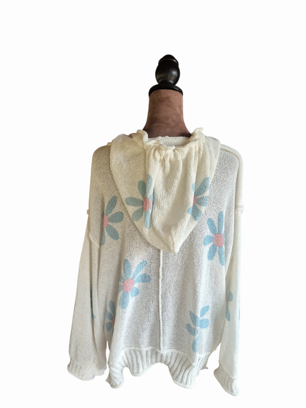 POL Cream V-Neck Knit Hoodie Sweater with Light Blue and Pink Daisy Design - Picture 3 of 4